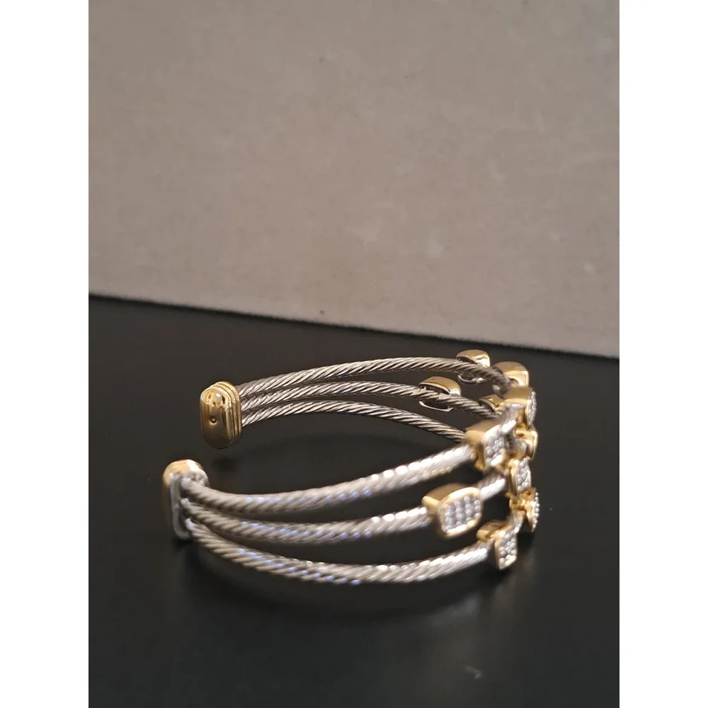 Womens Two Tone Triple Row Cable Cuff Bracelet Pave Crystal Stations Silver Gold